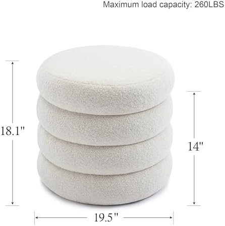 Boucle Ottoman with Storage, Small Round Footrest Stool for Living Room Bedroom, Upholstered Sherpa Vanity Seat with Removable Lid, Modern Comfy Foot Stool for Couch Entryway, Off White
