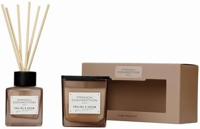French Connection Square Range Scented Candle & Reed Diffuser Gift Set | 220g Shea Butter Wax Candle & 100ml Diffuser | Glass Jar Design | 37-Hour Burn Time | Gift Box (Praline & Cream)
