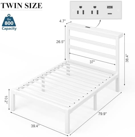 Twin Bed Frame with Charging Station and LED Lights Headboard,White