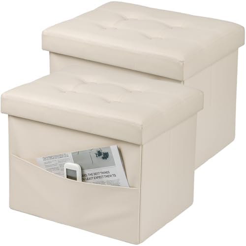 Bsketa Storage Ottoman Bench, 16" Folding Leather Foot Rest, Beige 2 Pack
