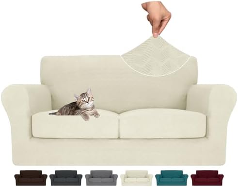 MAXIJIN 3 Piece Couch Covers for 2 Cushion Couch loveseat Cover, Stretch Love Seat Sofa Slipcovers for Dogs Pet, Thick Furniture Protector with 2 Seat Cushion (55"-69", Beige)