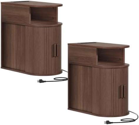 RALGEND Narrow End Table Set of 2 with Charging Station and Storage Shelf