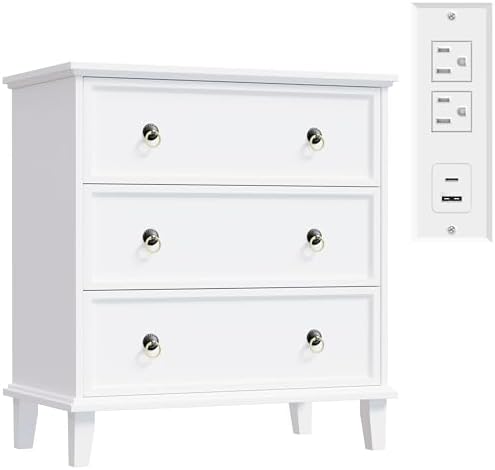 COWMOU White 3 Drawers Nightstand with Charging Station, Large Mid-Century Modern Bedside Table with USB Ports & AC Outlets, Wooden End Table for Bedroom Living Room, 27.6"W x 29.8"H Storage Cabinet