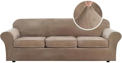 H.VERSAILTEX High Stretch Sofa Slipcover 4 Piece Cover Velvet Furniture Protector Form Fit Thick Velvet Extra Large Sofa Cover for 3 Cushion Couch Width Up to 97 Inch (Large Sofa, Camel)