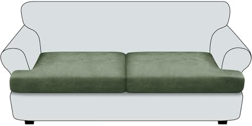 T Cushion Sofa Slipcovers Leather-Look 2PC Stretch Sofa Cushion Covers for 2 Cushion Couch Individually Couch Seat Cover with Elastic Bands, Pet-Friendly, Non-Slip, Easy Fit - Army Green