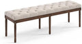 LUE BONA 60" Fabric End of Bed Bench, Upholstered Tufted French Bedroom Bench with Carved Dark Brown Legs for Bedroom End of King Size Bed, Living Room, Linen