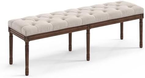 LUE BONA 60" Fabric End of Bed Bench, Upholstered Tufted French Bedroom Bench with Carved Dark Brown Legs for Bedroom End of King Size Bed, Living Room, Linen