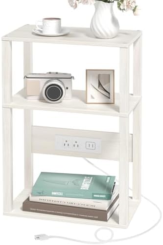 YUFAM 3-Tier Narrow Bedside Table with Charging Station, Skinny Nightstand