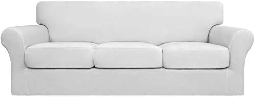 Easy-Going 4 Pieces Stretch Soft Couch Cover for Dogs - Washable Sofa Slipcover for 3 Separate Cushion Couch - Elastic Furniture Protector for Pets, Kids (Sofa, Snow White, Large)