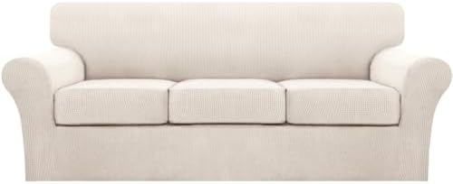 Turquoize 4 Piece Sofa Covers for 3 Cushion Couch Sofa Slipcover Soft Couch Cover for Dogs Washable Furniture Cover with 3 Individual Large Cushion Covers Feature Fabric (Large Sofa, Ivory)