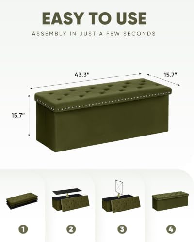 B FSOBEIIALEO Storage Ottoman Bench, 43" Velvet Ottoman With Storage, Olive