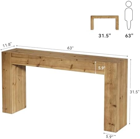 Solid Wood Console Table, 63-Inch Farmhouse Sofa Table Behind Couch for Entryway, Living Room, Foyer, Easy Assembly (Light Wood)