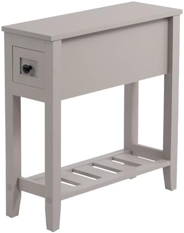 Grey Chairside Narrow End Table, Solid Recliner Side Table with Drawer, Slim Nightstand Bedside Table for Living Room Bedroom