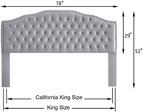 24KF Upholstered Button Tufted King Size Headboard with Nailhead Trim, Soft Velvet Fabric Headboard King/Cal King Size, Gray