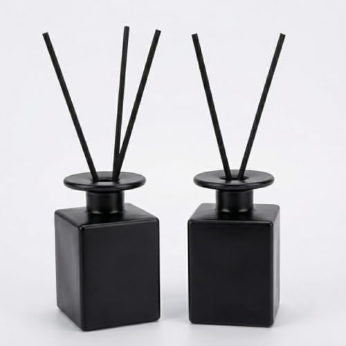 2 Pack 150ml Glass Reed Diffuser Container with Black Sticks, Empty Essential Oil Diffuser Jars with Protective Packaging for DIY Home Fragrance, Bathroom, Bedroom and Office Decor (2, Matte Black)