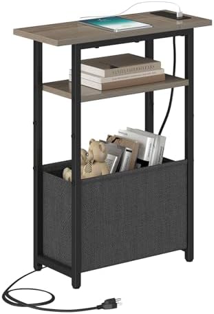 sthmec Narrow Side Table with Charging Station, Small End Table for Small Spaces, Skinny Nightstands with Storage Basket, 3 Tier Sofa Couch Bedside Tables for Living Room,Bedroom, Grey