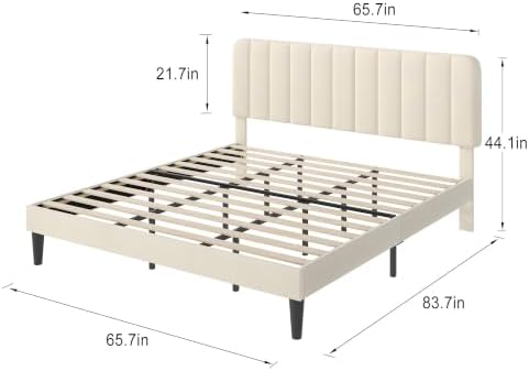 VECELO King Size Bed Frame with Upholstered Headboard, Velvet Platform Bedframe Mattress Foundation, Strong Wood Slat Support, No Box Spring Needed,Velvet Beige