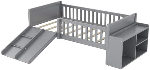 SOFTSEA Twin Size Low Loft Bed with Slide, Wood Loft Bed Frame with Storage Shelves and Guardrails for Kids, Gray