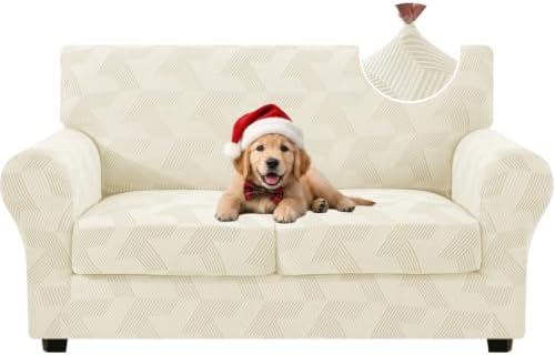 ZNSAYOTX 3 Piece Stretch Loveseat Covers (55"-71") New-Rectangle Texture, Thick Sofa Covers for 2 Cushion Couch Universal Sofa Slip Cover with Elastic Bottom & Buckle, Soft Protector Beige