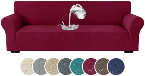 MAXIJIN Waterproof Oversized Couch Covers (91"-110"), Stretch Extra Large Sofa Cover Slipcovers with Non Slip Elastic Bottom, Pet Friendly Furniture Protector Washable (X-Large, Wine Red)