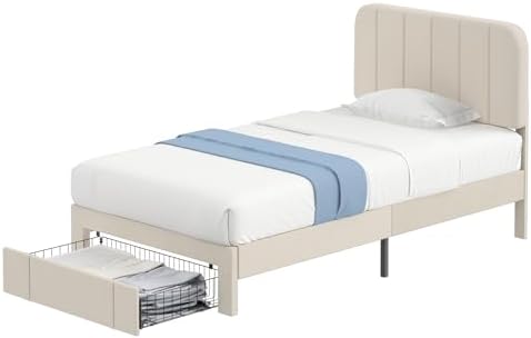 VECELO Twin Size Upholstered Bed Frame with Drawer and Headboard, Velvet Platform Storage Bedframe, Wooden Slats Support, No Box Spring Needed,Bone Beige