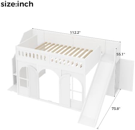 LUMISOL Full Size Wood Loft Bed with Slide and Storage Staircase, Solid Wood Playhouse Loft Bed with Wardrobe and Window, White