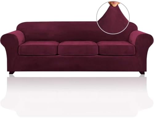 PrinceDeco Velvet Couch Covers for Sofa Soft 4 Pieces Couch Covers for 3 Cushion Couch Sofa Pet Friendly Furniture Protector with Non Slip Elastic Bottom Width Up to 97 Inch (Large Sofas, Burgundy)