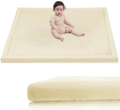 Huloo Sleep Baby Play Mat for Floor,1.3" Thick Memory Foam Tummy Time Mat,Soft Coral Velvet Nursery Rug,Extra Large Non Slip Crawling Mats for Living Room(Vanilla)