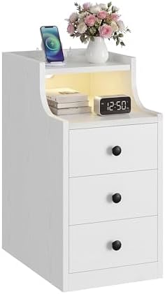 LIKIMIO Narrow Nightstand with Charging Station and LED Lights, Modern Night Stand, End Table with 3 Drawers, Open Shelf, Side Table for Living Room/Bedroom, White