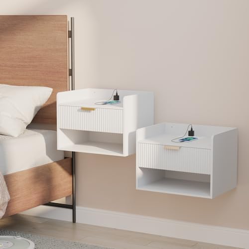 Arbuxzuy Floating Nightstand Set of 2 with Charging Station and Drawer