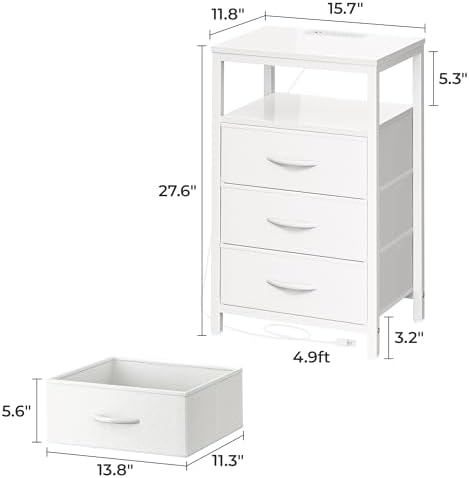 Huuger Nightstand with Charging Station, 27.6 Inch Bedside Table,Side Table