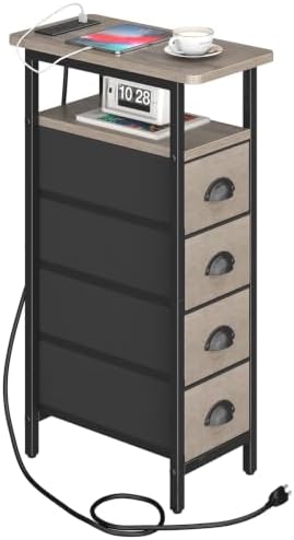 sthmec Side Table with Charging Station, Narrow End Table with 4 Drawers, Small Nightstands with Fabric Drawers,Slim Sofa Couch Side Tables for Small Spaces,Living Room,Bedroom, Grey