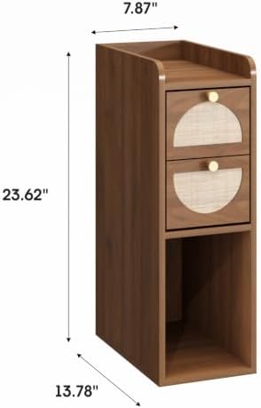 Narrow Nightstand Set of 2 (Rattan & Wood) - Small Bedside Table with 2 Drawers, Open Shelf, Mid Century Modern End Table - for Bedroom, Living Room & Small Spaces, Walnut