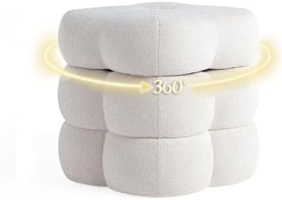 Get Set Style 360° Swivel Flower Ottoman, Linen Vanity Stool Footrest with 300LBS Capacity, No Assembly Small Space Accent Chair for Living Room Bedroom Entryway (Warm Ivory)