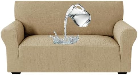 MAXIJIN Waterproof Loveseat Cover Couch Covers (55"-69"), Stretch Love Seat Sofa Slipcovers with Non Slip Elastic Bottom, Dog Pet Friendly Furniture Protector Washable (Medium, Khaki)