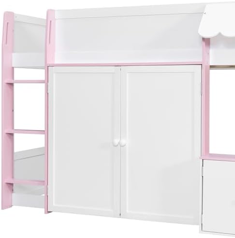 Bellemave Full Size Low loft Bed for Kids,Wood Modern Farmhouse Full Loft Bed with Storage Cabinets, No Box Spring Needed, White+Pink