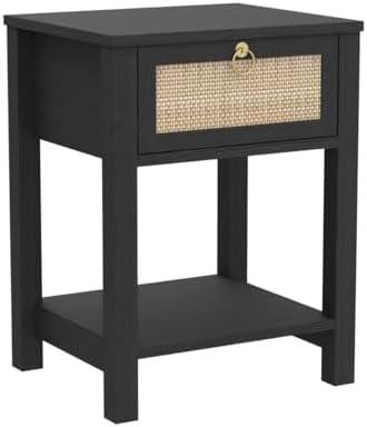 SICOTAS Rattan Nightstand with Storage Shelf, Boho Bedside Table End Table