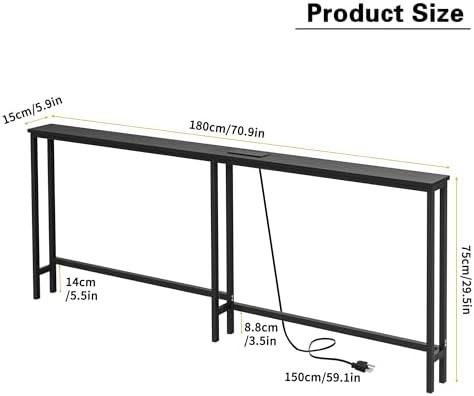 VASMIA 70.9 Inch Narrow Console Table with Outlet,Bamboo Sofa Table,Behind Couch Table,Skinny Hallway Table for Entryway Living Room,Foyer,Black