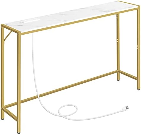 MAHANCRIS Console Table, Narrow Sofa Table, 43.7” Entrance Table with Power Station, Behind Couch Table, Simple Style, for Living Room, Hallway, Entryway, Foyer, Marble and Gold CTJM112E01