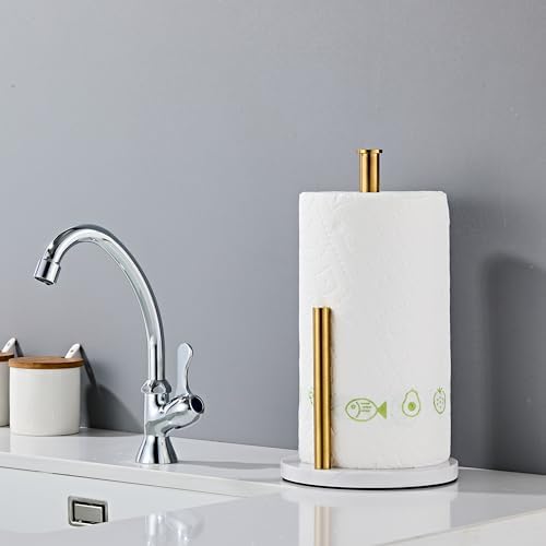 Brushed Gold Paper Towel Holder for Kitchen Countertop, 304 Stainless Steel Roll Dispenser with White Engineered Marble Weighted Base, Freestanding Paper Towel Stand for Standard Rolls