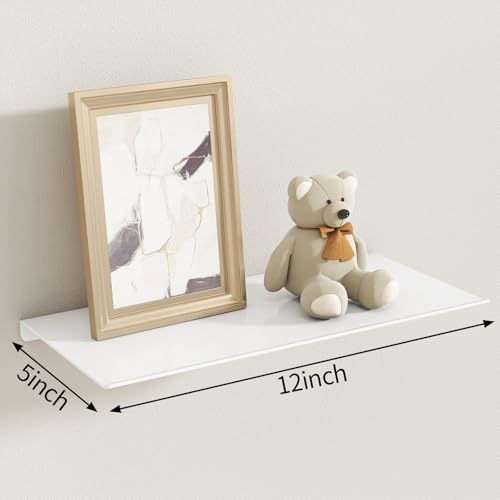 MKO 12" Floating Shelves for Wall, Small Metal Wall Mounted Shelf for Bathroom, Bedroom, Living Room, Kitchen, Little Hanging Shelves for Books/Storage/Room Decor 2 Packs, White