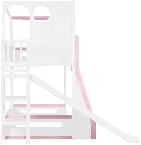 Merax Twin Size Playhouse Bunk Bed with Slide and Storage Shelves, Pink