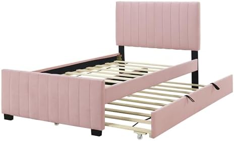 Twin Size Bed Frame with Trundle Bed,Velvet Upholstered Bed Frame,Twin Size Trundle Bed with Headboard,Upholstered Platform Bed Twin for Kids Teens Adults(Pink)
