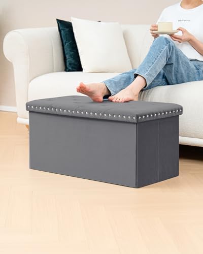 B FSOBEIIALEO Storage Ottoman Bench, 30" Velvet Ottoman With Storage, Grey