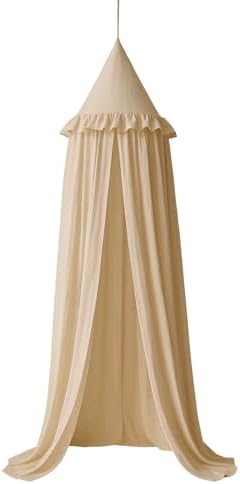 Wonder Space Kids Bed Canopy with Ruffles, Pastel Neutral Color for Boys & Girls, Frilled Cotton Tent Nursery Room Baby Crib Hanging Curtain Mosquito Netting Children Reading Nook Decoration (Khaki)