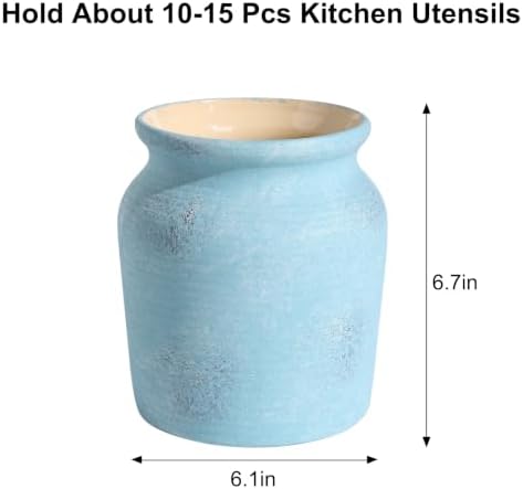 Ceramic Farmhouse Kitchen Utensil Holder for Countertop, Rustic Cooking Utensil Holder Crock Fit for Kitchen Counter. Blue Series.