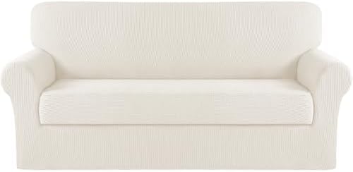 Turquoize Stretch Sofa Slipcover 2 Pieces Sofa Cover Couch Cover for 3 Cushion Couch Washable Furniture Protector Covers with Elastic Bottom Feature Thick Jacquard Fabric (Sofa, Cream)