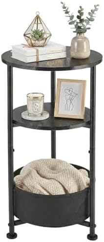 3-Tier Small Round Side Table with Storage Basket, Black