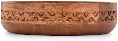 EDHAS Mango Wood Decorative Round Carved Bowl for Decoration, Centerpiece Bowl for Table (10" x 10" x 2.5")