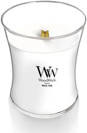 WoodWick Medium Hourglass Candle White Teak - Premium Soy Blend Wax Pluswick Innovation Wood Wick Made in USA (Pack of 4)